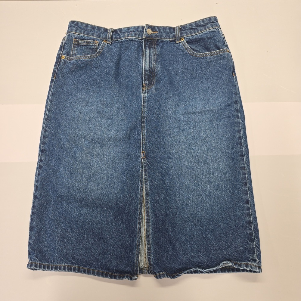 H&M Womens Blue Denim Midi Skirt High Waisted Front Slit‎ Size 14 Casual Classic